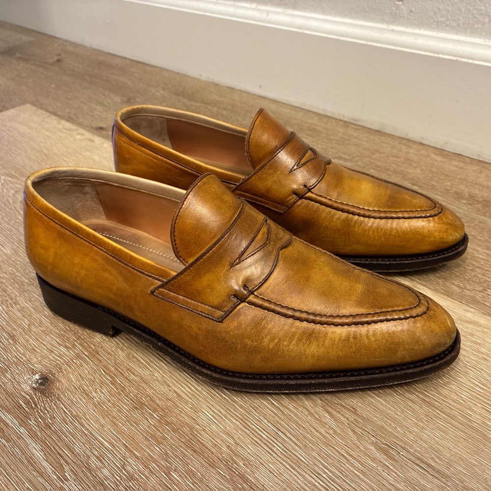 BONTONI Principe Cognac Leather Penny Loafer Shoes 8.5 (Original Price $1,125)